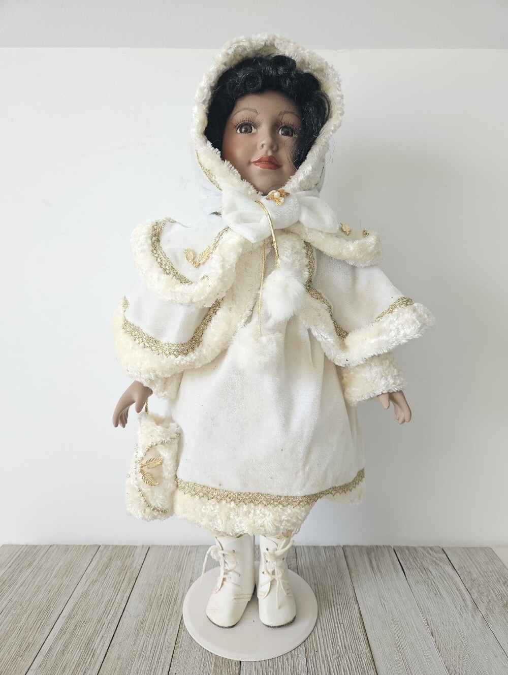Vintage 18" Porcelain Doll with Winter White Dress Coat Holding Hand Muff Warmer